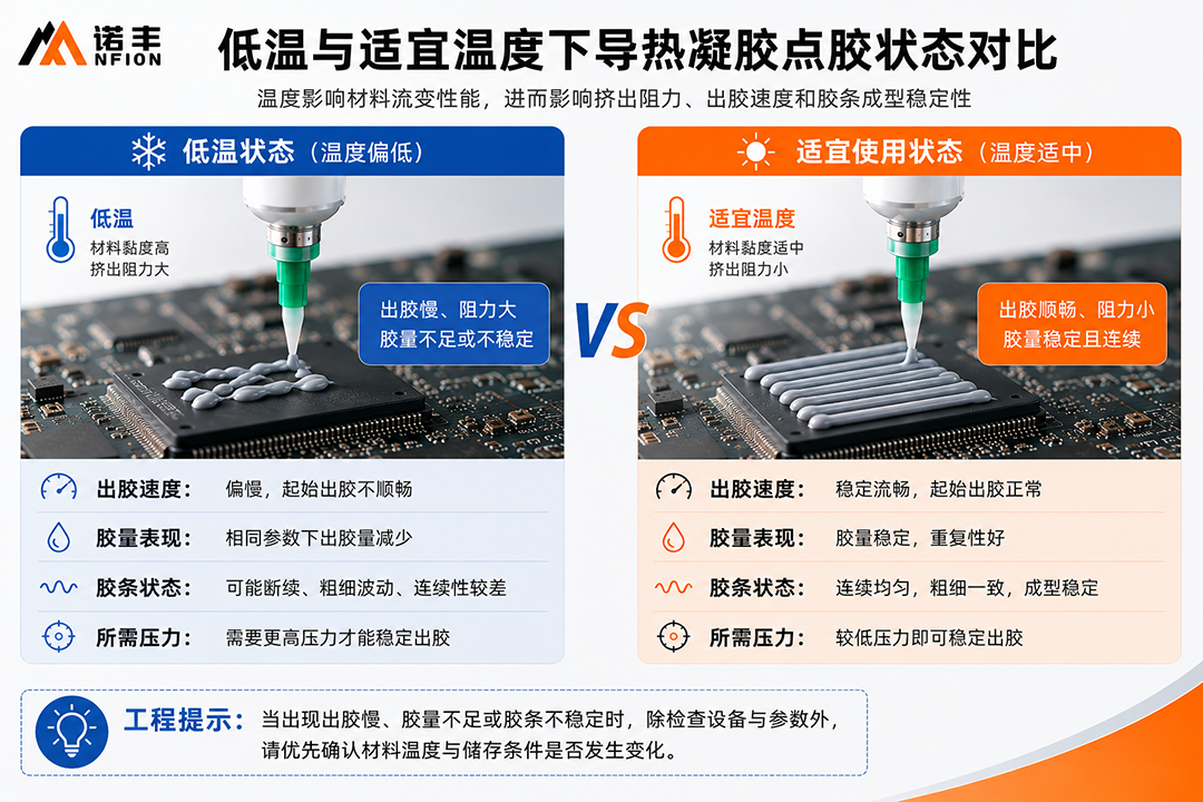 低温与适宜温度下导热凝胶点胶状态对比 低温与适宜温度下导热凝胶点胶状态对比