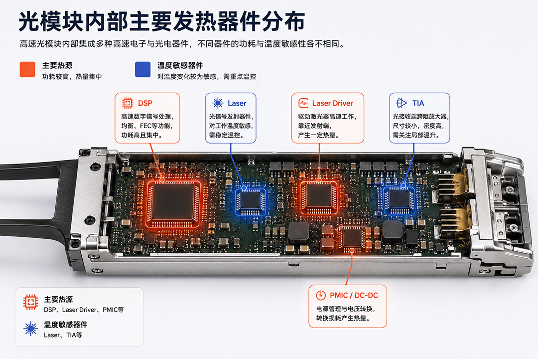 光模块内部DSP激光器Driver TIA等主要发热器件分布示意图