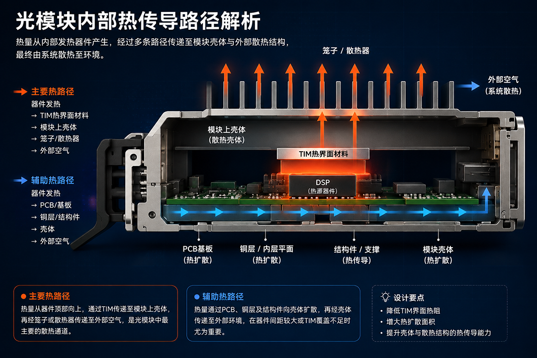 光模块DSP经TIM模块壳体至外部散热结构热传导路径示意图