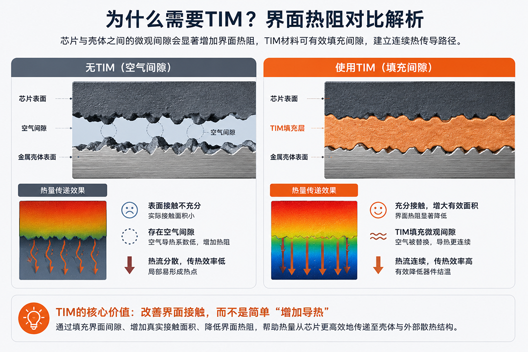 光模块芯片与壳体有TIM和无TIM界面热传导对比示意图