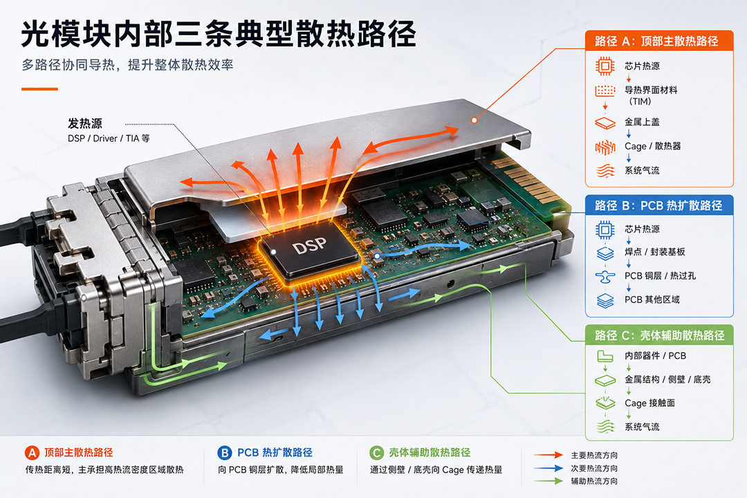 光模块内部三条典型散热路径 光模块内部三条典型散热路径