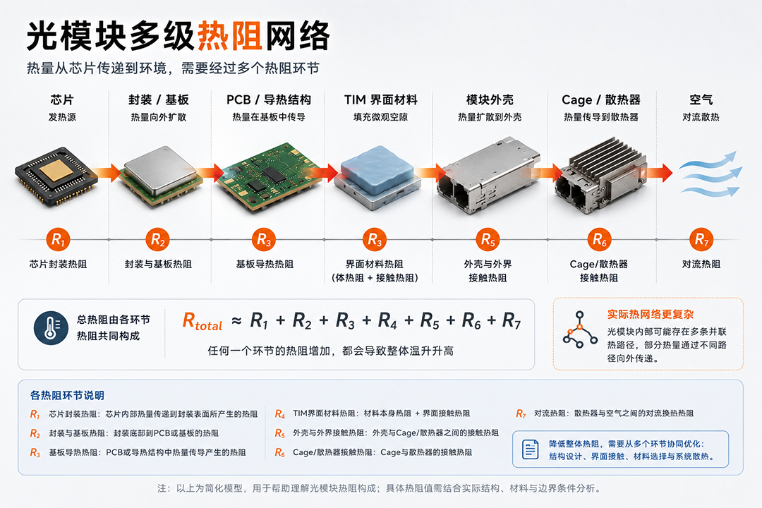光模块芯片至外部环境多级热阻网络示意图 光模块芯片至外部环境多级热阻网络示意图