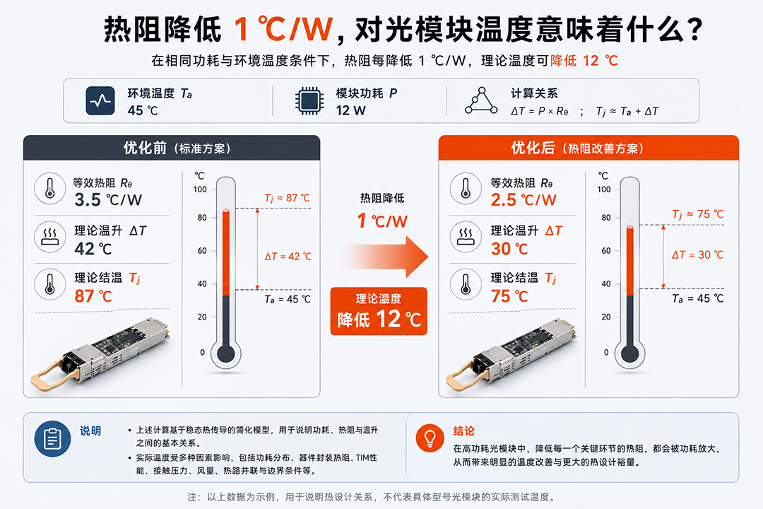 光模块不同热阻条件下温升与温度对比图 光模块不同热阻条件下温升与温度对比图