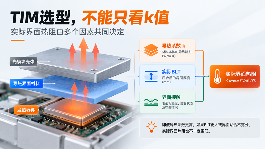 光模块TIM选型中导热系数k值、BLT与界面接触对实际界面热阻的影响