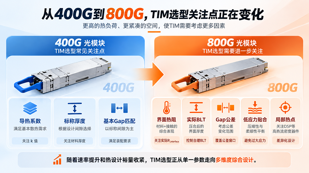 400G与800G光模块TIM选型对比：界面热阻、BLT、Gap公差与局部热点