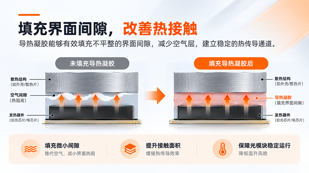 光模块导热凝胶填充界面间隙改善热接触示意图 光模块导热凝胶填充界面间隙改善热接触示意图