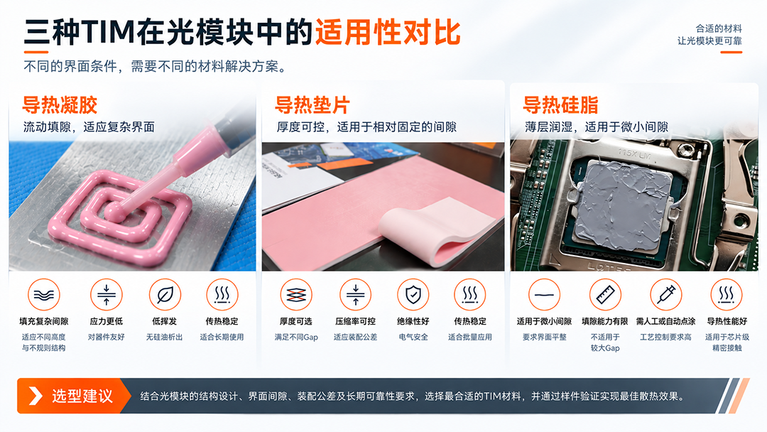 光模块导热凝胶导热垫片与导热硅脂适用性对比 光模块导热凝胶导热垫片与导热硅脂适用性对比