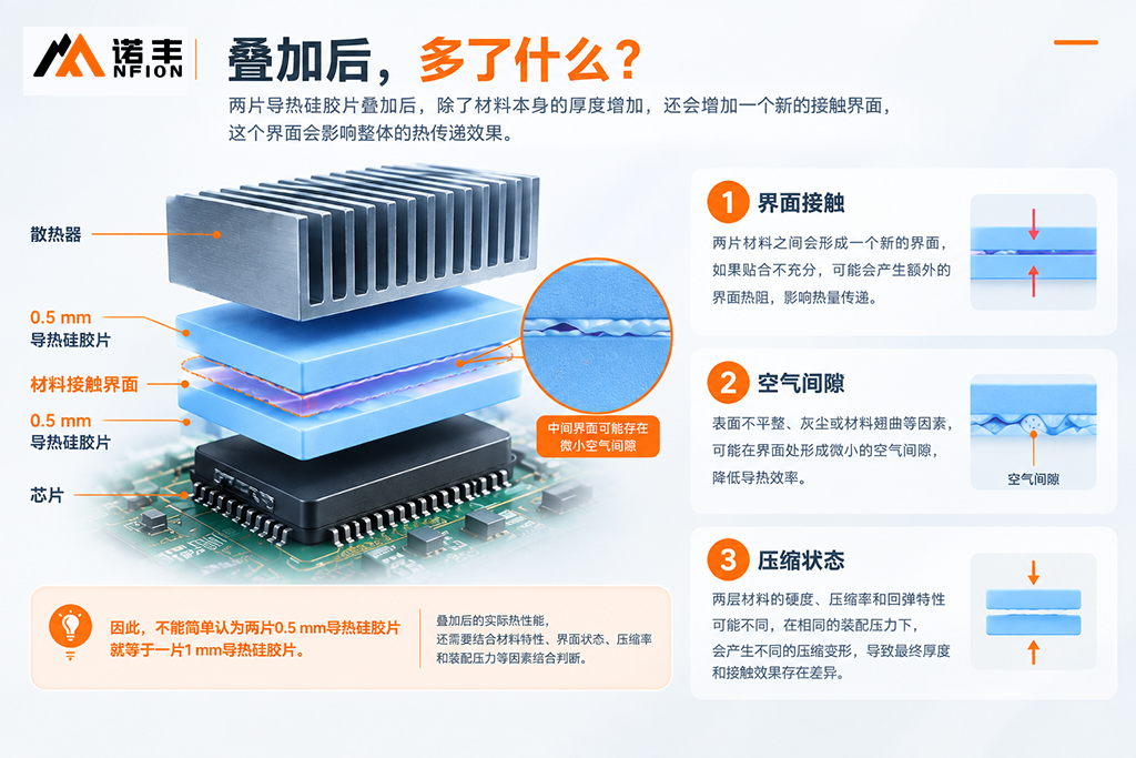 导热硅胶片叠加后的界面与压缩影响示意 导热硅胶片叠加后的界面与压缩影响示意