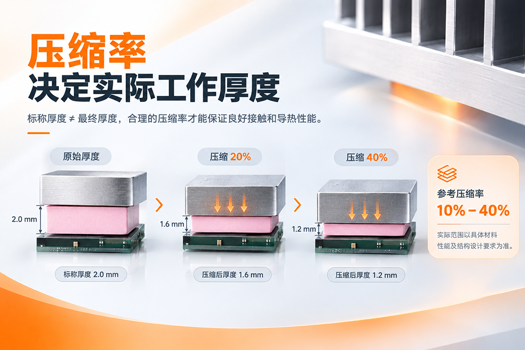 导热硅胶片压缩率示意图，展示材料原始厚度、压缩后的工作厚度及10%–40%的参考压缩率