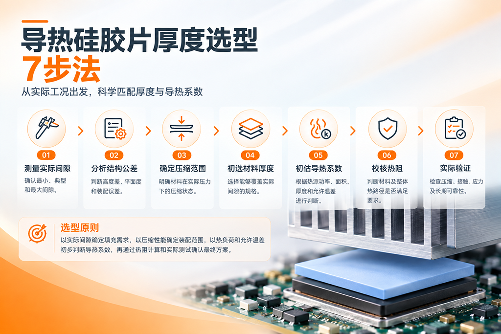 导热硅胶片厚度选型流程，包括测量实际间隙、分析结构公差、确定压缩范围、初选材料厚度、估算导热系数、校核热阻和实际验证