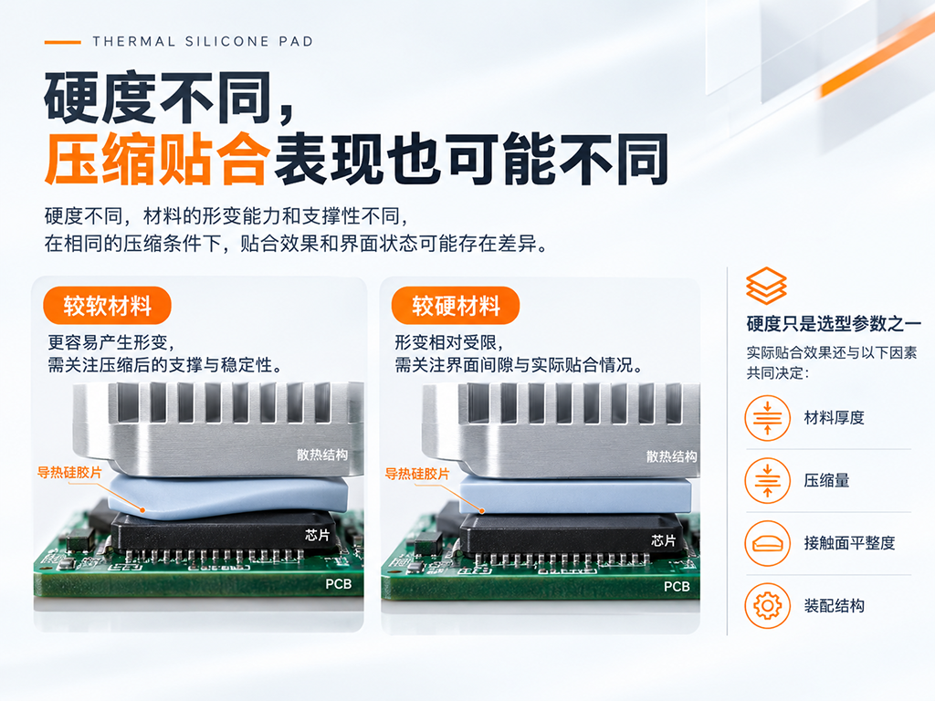 不同硬度导热硅胶片的压缩贴合示意图