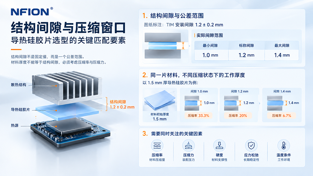 导热硅胶片结构间隙、公差、工作厚度与压缩率关系示意图 导热硅胶片结构间隙、公差、工作厚度与压缩率关系示意图