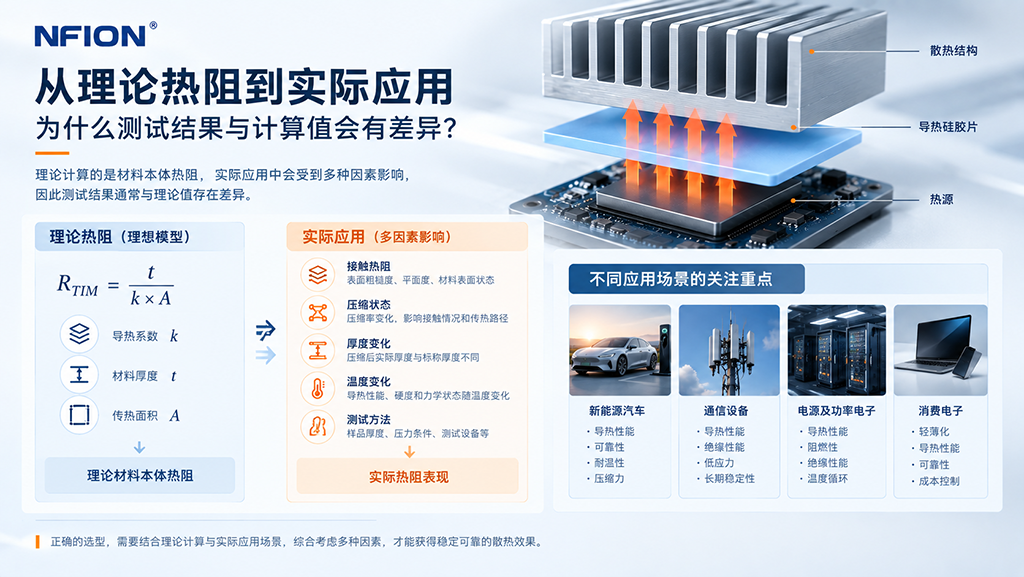 导热硅胶片实际热阻与导热系数、接触热阻及应用工况关系示意图 导热硅胶片实际热阻与导热系数、接触热阻及应用工况关系示意图