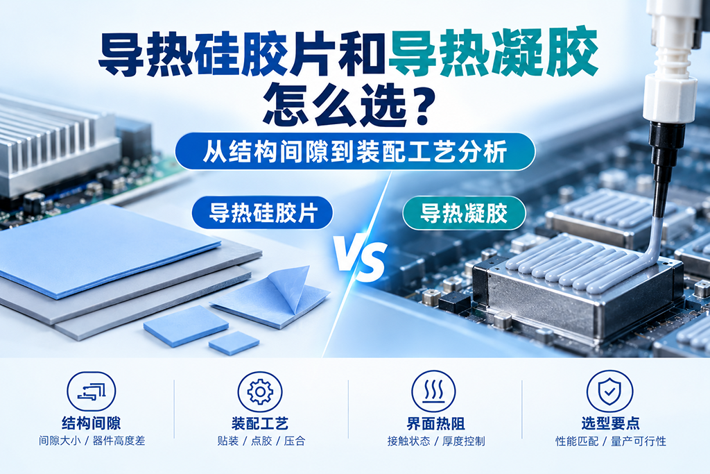 导热硅胶片与导热凝胶选型对比，展示导热硅胶片贴装与导热凝胶点胶工艺，解析结构间隙和装配工艺对导热界面材料选择的影响。