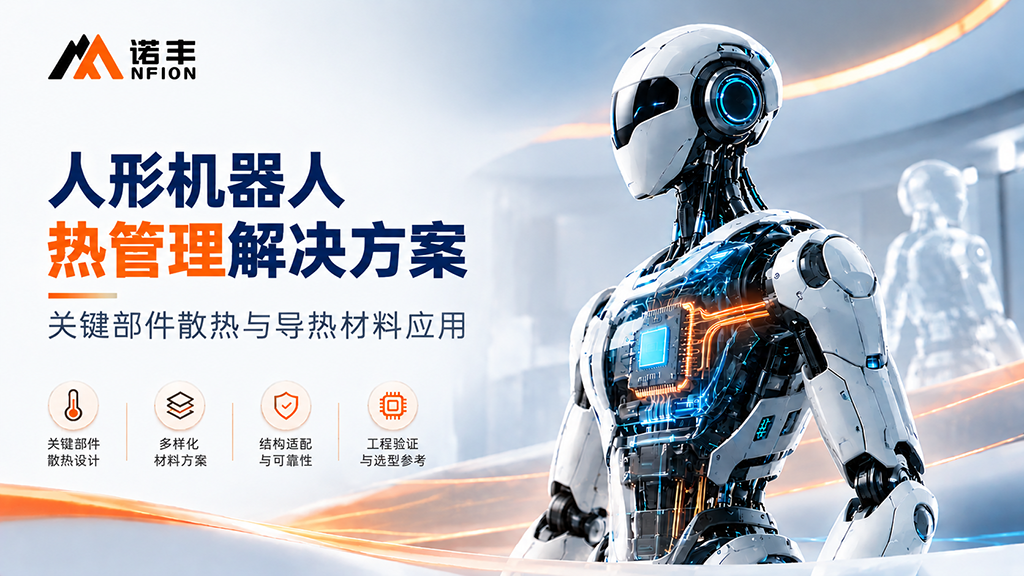 人形机器人热管理解决方案示意图，展示机器人关键部件与热管理应用场景，突出关节驱动、AI计算及电源系统的散热需求