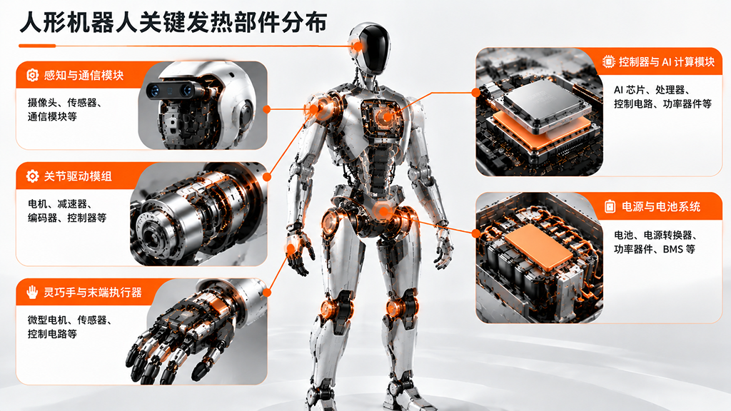 人形机器人关键发热部件分布示意图,展示关节驱动、AI计算、电源电池、灵巧手及感知通信模块 人形机器人关键发热部件分布示意图,展示关节驱动、AI计算、电源电池、灵巧手及感知通信模块