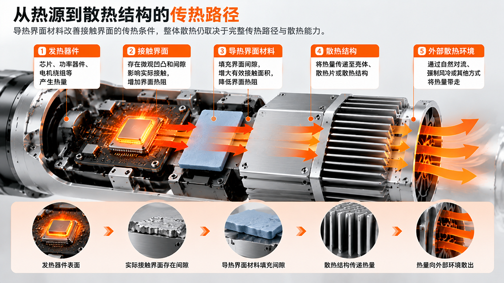 人形机器人热管理传热路径示意图,展示发热器件、导热界面材料、散热结构与外部环境之间的热量传递关系 人形机器人热管理传热路径示意图,展示发热器件、导热界面材料、散热结构与外部环境之间的热量传递关系
