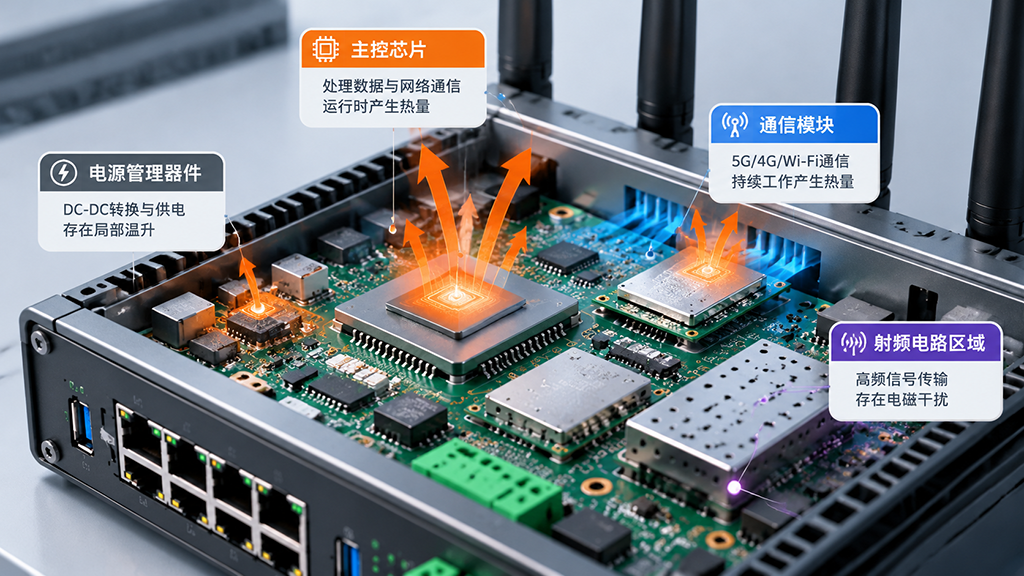 工业路由器主控芯片、通信模块、电源管理器件及射频电路区域的热管理需求示意图 工业路由器主控芯片、通信模块、电源管理器件及射频电路区域的热管理需求示意图